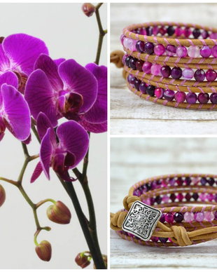 Bratara wrap cu snur de piele si agate ''Happy Orchid''