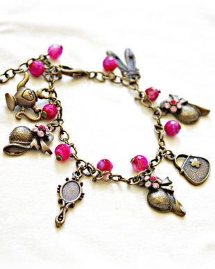 Bratara cu charmuri agate roz si cristale Swarovski