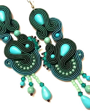 Cercei soutache verzi cu turcoaz foarte lungi