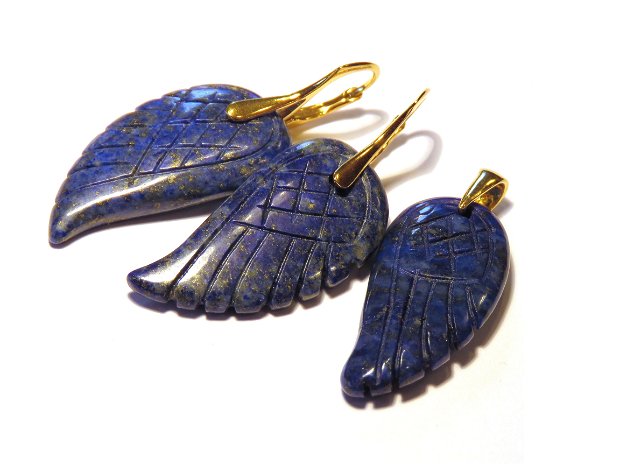 Cercei mari albastri si pandantiv din Lapis lazuli aripi inger si argint aurit - CE440, PA440 - Cercei eleganti, cadou pentru ea, cercei ocazie, cercei auriti, colier pietre semipretioase