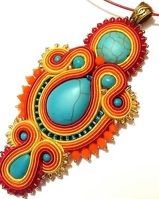 Pandantiv statement  soutache turcoaz-portocaliu-rosu