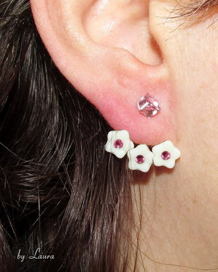 Cercei ear jacket cu flori si cristale Swarovski roz