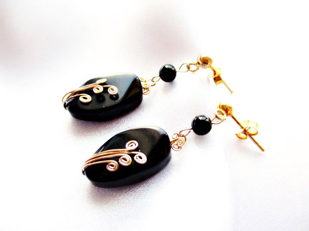 Cercei argint aurit, gold filled aur 12k si onix negru