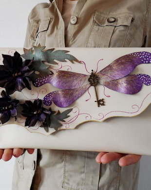 Poseta plic handmade unicat din piele naturala -Dragon fly