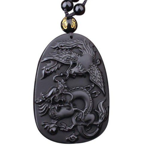 9909 - Pandantiv, obsidian negru sculptat, dragon si pasarea phoenix, 53x36x9mm