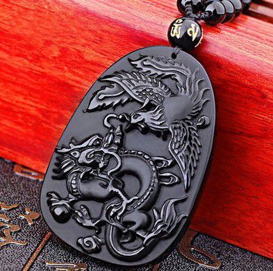 9909 - Pandantiv, obsidian negru sculptat, dragon si pasarea phoenix, 53x36x9mm