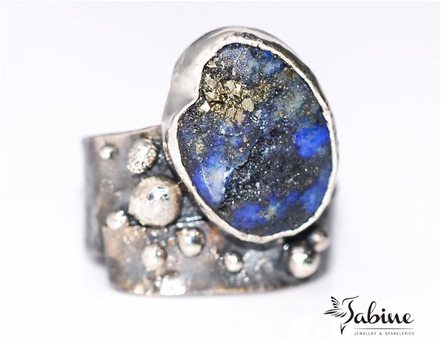 Inel argint 925 cu pirita in lapis lazuli, natural, inel organic, inel brut, inel statement