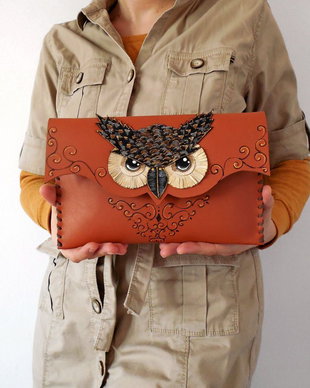 poseta plic handmade unicat din piele - Vintage Owl