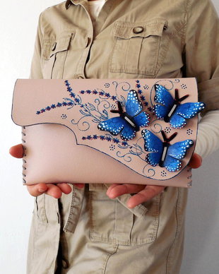 poseta plic handmade unicat din piele -Blues Butterflies#2.1