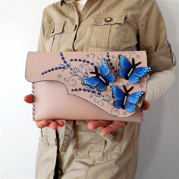 poseta plic handmade unicat din piele -Blues Butterflies#2.1