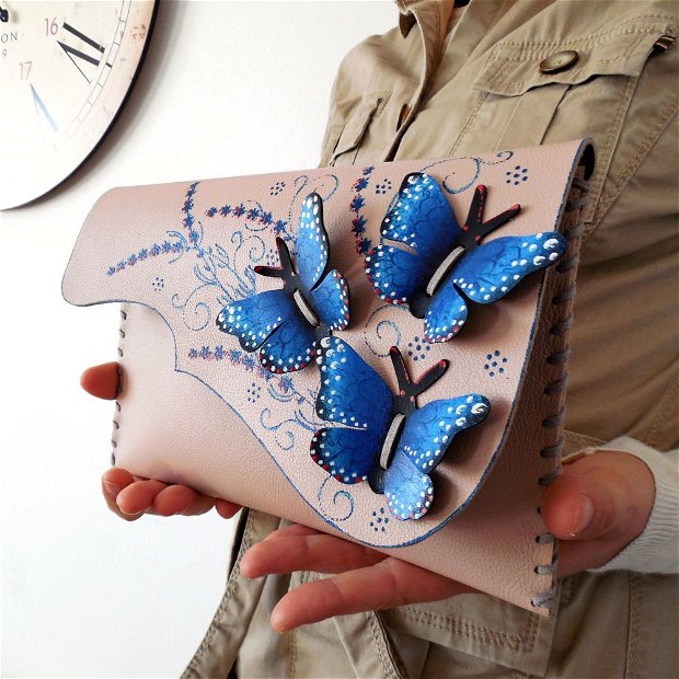 poseta plic handmade unicat din piele -Blues Butterflies#2.1