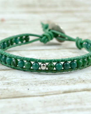 Bratara barbateasca cu snur de piele si agate ''Greenery''