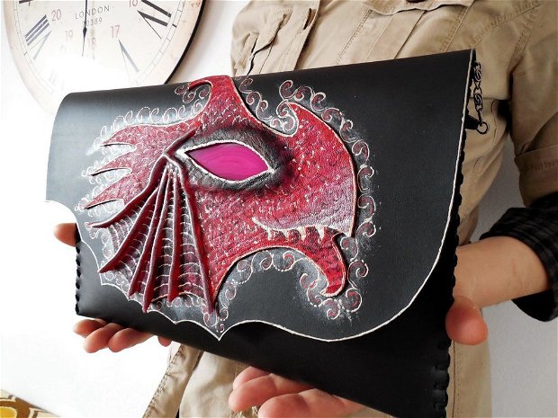 Poseta plic handmade unicat din piele naturala -Dragon of Thrones