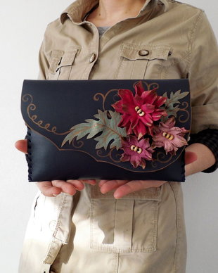 poseta plic handmade unicat din piele - Pink Flowers