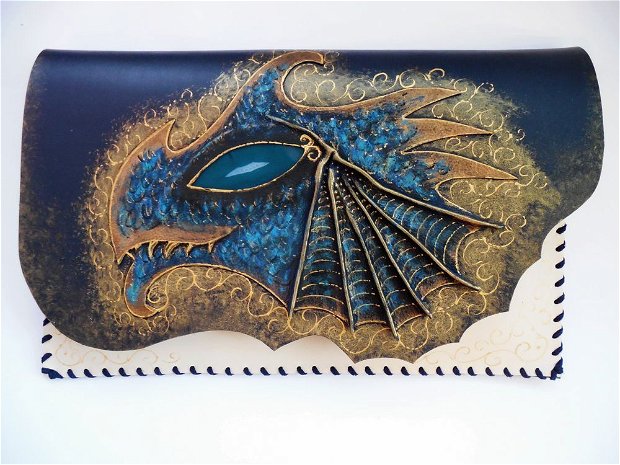 Poseta plic handmade unicat din piele naturala -Blue Dragon of Thrones