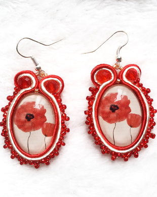 Cercei soutache cu maci rosii