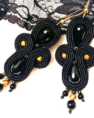 Cercei soutache negrii lungi cu onix