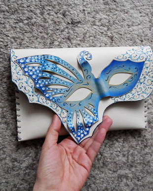 poseta plic handmade unicat din piele - Fairy Blue Mask