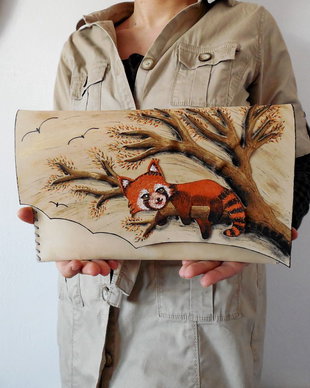 poseta plic handmade unicat din piele - Red Panda