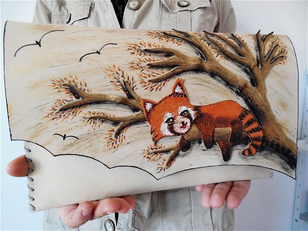 poseta plic handmade unicat din piele - Red Panda