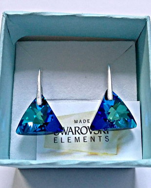 Cercei argint 925 cu piatra Swarovski Xilion Triangle 16mm Bermuda Blue