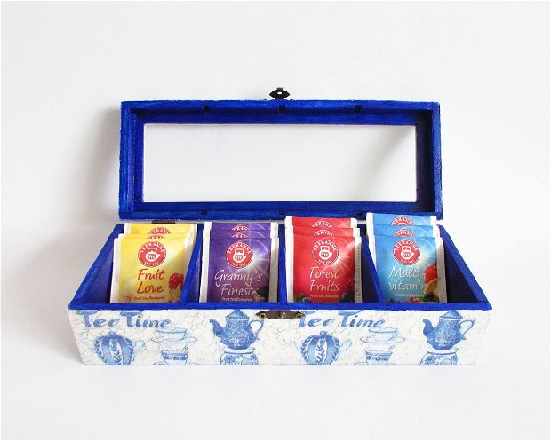 Cutie pentru ceai "Blue teacups, cutie ceai albastra, cutie ceai 4 compartimente