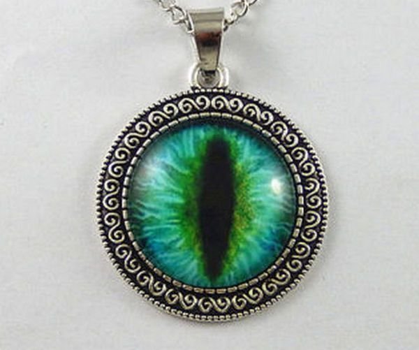 9856 - Pandantiv medalion, colier, print ochi de dragon, cabochon sticla, lantisor