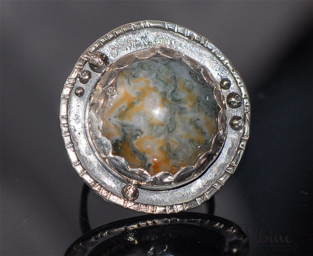 Inel argint 925 cu agata muschi, naturala, inel organic, inel brut, inel statement