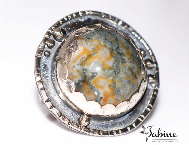 Inel argint 925 cu agata muschi, naturala, inel organic, inel brut, inel statement