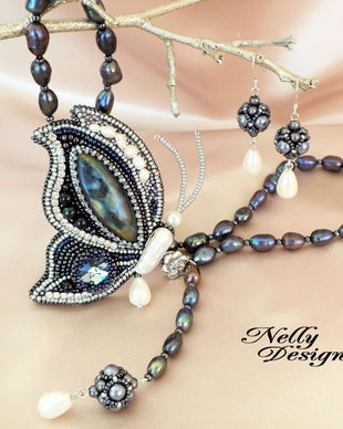 "Magic Butterfly" - Set colier si cercei cu labradorit si perle de cultura
