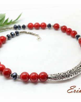 Colier flori argintii/red & black