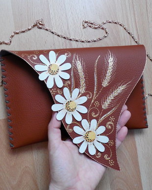 poseta plic handmade unicat din piele - Brown Daisies