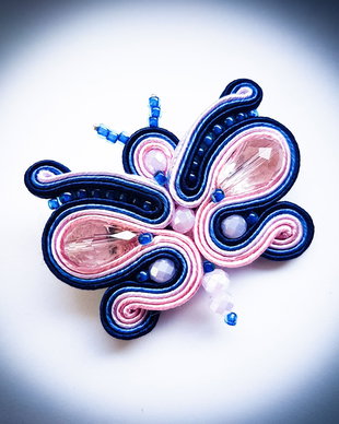 Brosa soutache fluture albastru cu roz