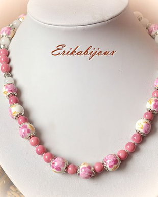 Set colier si cercei ceramica/flori/roz
