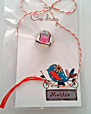 Brosa martisor cabochon sticla 14mm bufnita