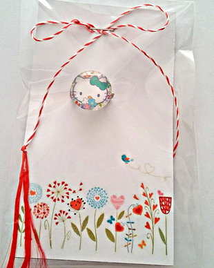 Brosa martisor cabochon sticla 14mm Hello Kitty