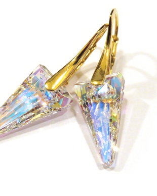 Cercei albi stralucitori din Cristale Swarovski spike pendant si argint 925 aurit - CE312.3a - Cercei eleganti auriti, cadou romantic delicat, cercei mireasa