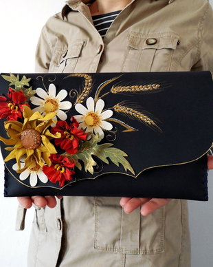 poseta plic handmade unicat din piele - Summer Bouquett