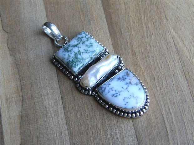 Pandantiv opal dendritic si perla Biwa