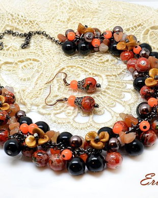 Set /Colier statament si cercei /cu floricele bronz/orange @black