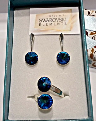 Set cercei si Inel argint 925 cu pietre Swarovski Rivoli 8mm Bermuda Blue