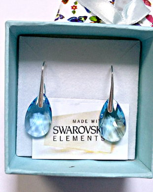 Cercei argint 925 cu piatra Swarovski Pear 16mm Aquamarine