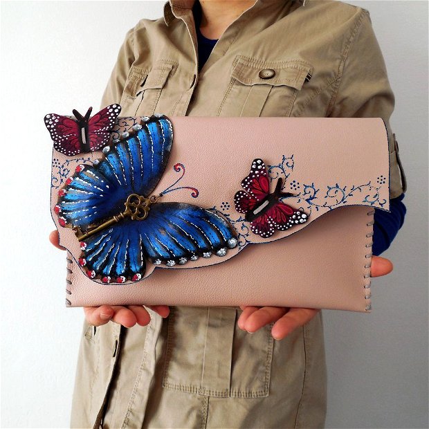 poseta plic handmade unicat din piele - A Handful of Butterflies2