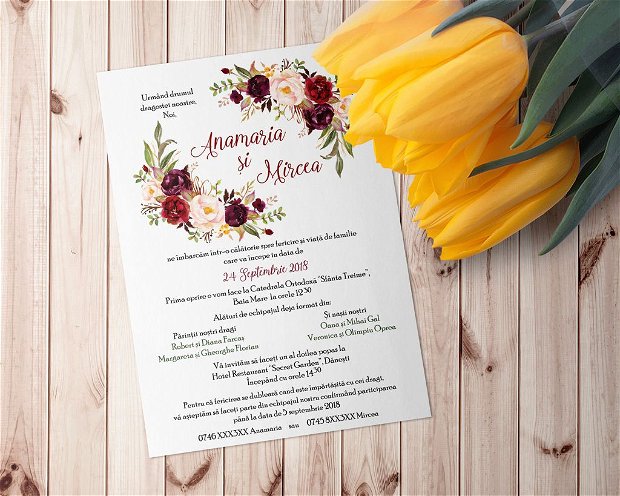 Invitatie nunta Wine Autumn, invitatie nunta flori, invitatie nunta simpla, invitatie florala