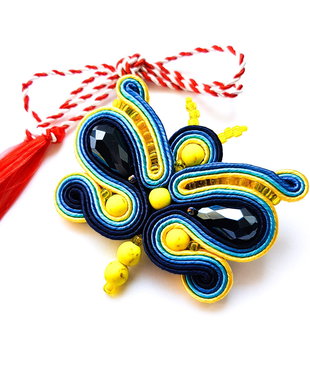 Brosa soutache fluture albastru si galben