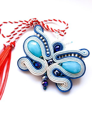 Brosa soutache fluture alb-albastru