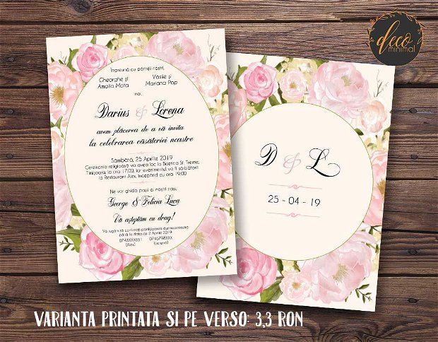 Invitatie nunta Peonies, invitatie rustica, invitatie flori, invitatie bujori