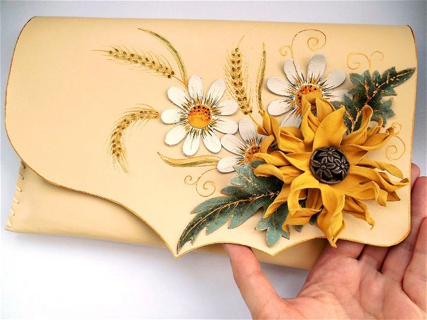 poseta plic handmade unicat din piele - Sunflower in a Summer day