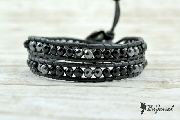 Bratara wrap barbateasca cu snur de piele, onix si hematit ''Simple''