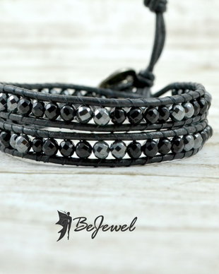 Bratara wrap barbateasca cu snur de piele, onix si hematit ''Simple''
